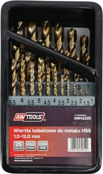 Wiertlo AWTools do metalu HSS walcowe 1,5 2 7 4,5 4 5,5 5 1 3 2,5 3,5 6 10 10,5 11 11,5 12 12,5 13 6,5 7,5 8 8,5 9 9,5mm zestaw (AW42225)