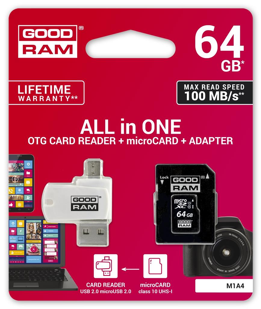 Goodram microSDHC 64GB  CL10 + ADAP + CZYTNIK atmiņas karte