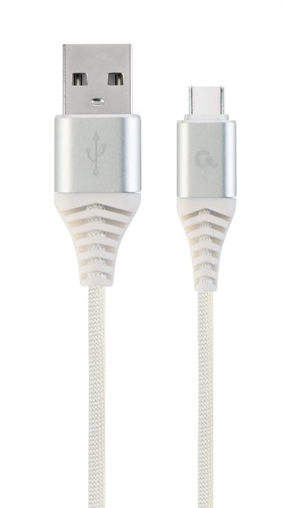 Gembird Premium cotton braided Type-C USB charging and data cable,2m,silver/whit USB kabelis