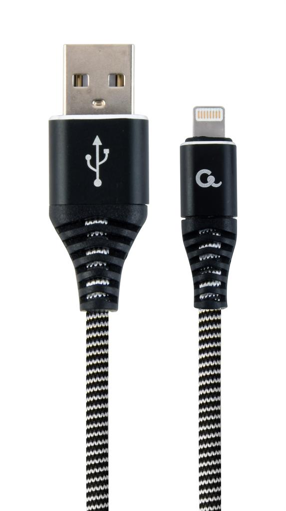 Gembird Premium cotton braided 8-pin cable charging and data cable,2m,black/whit USB kabelis