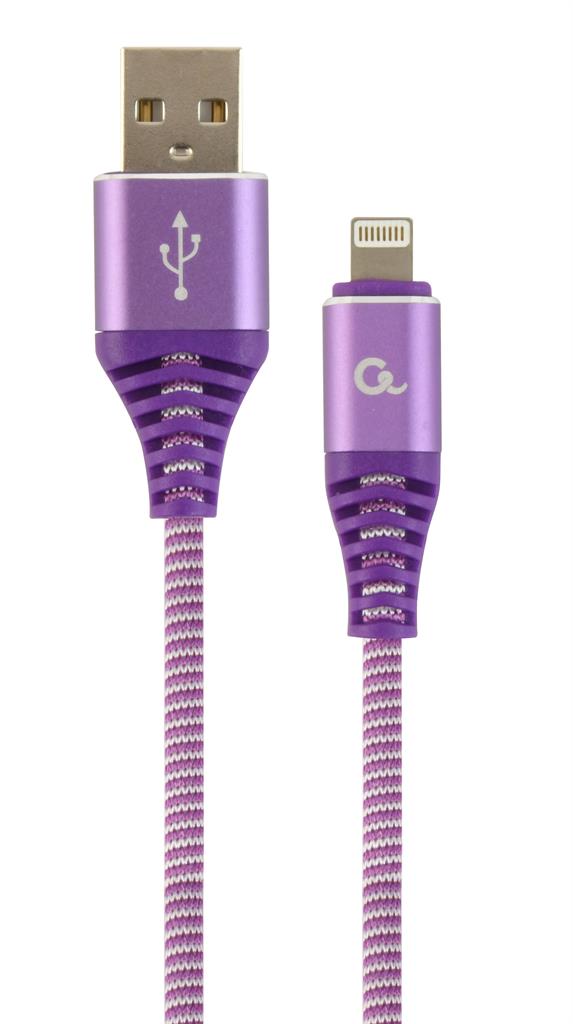 Gembird Premium cotton braided 8-pin charging and data cable, 2m, purple/white USB kabelis