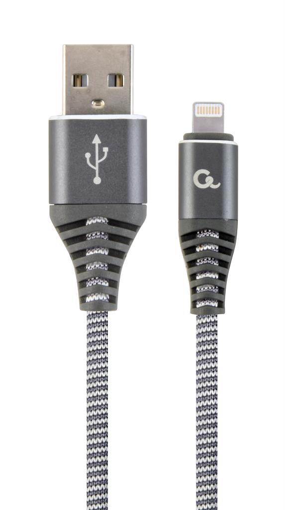 Gembird Premium cotton braided 8-pin charging and data cable, 2m, spacegrey/whit USB kabelis