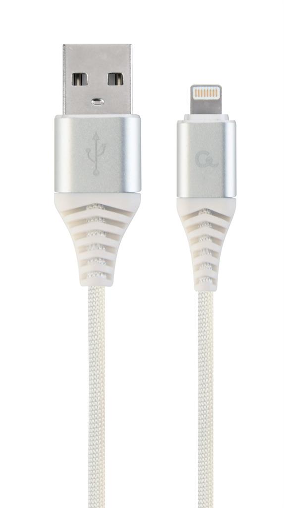 Gembird Premium cotton braided 8-pin charging and data cable, 1m, silver/white USB kabelis