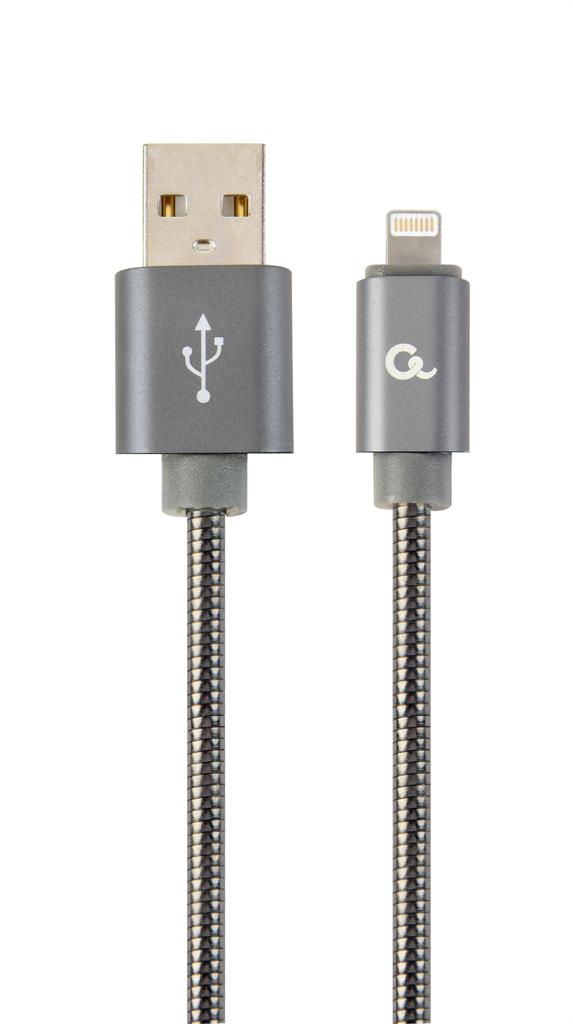 Gembird Premium spiral metal 8-pin charging and data cable, 1m, metallic-grey USB kabelis