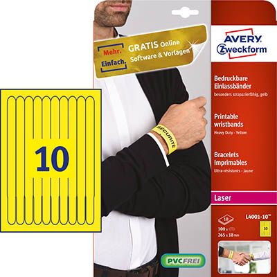 Printable wristbands 265 x 18mm 100 pieces, yellow uzlīmju printeris