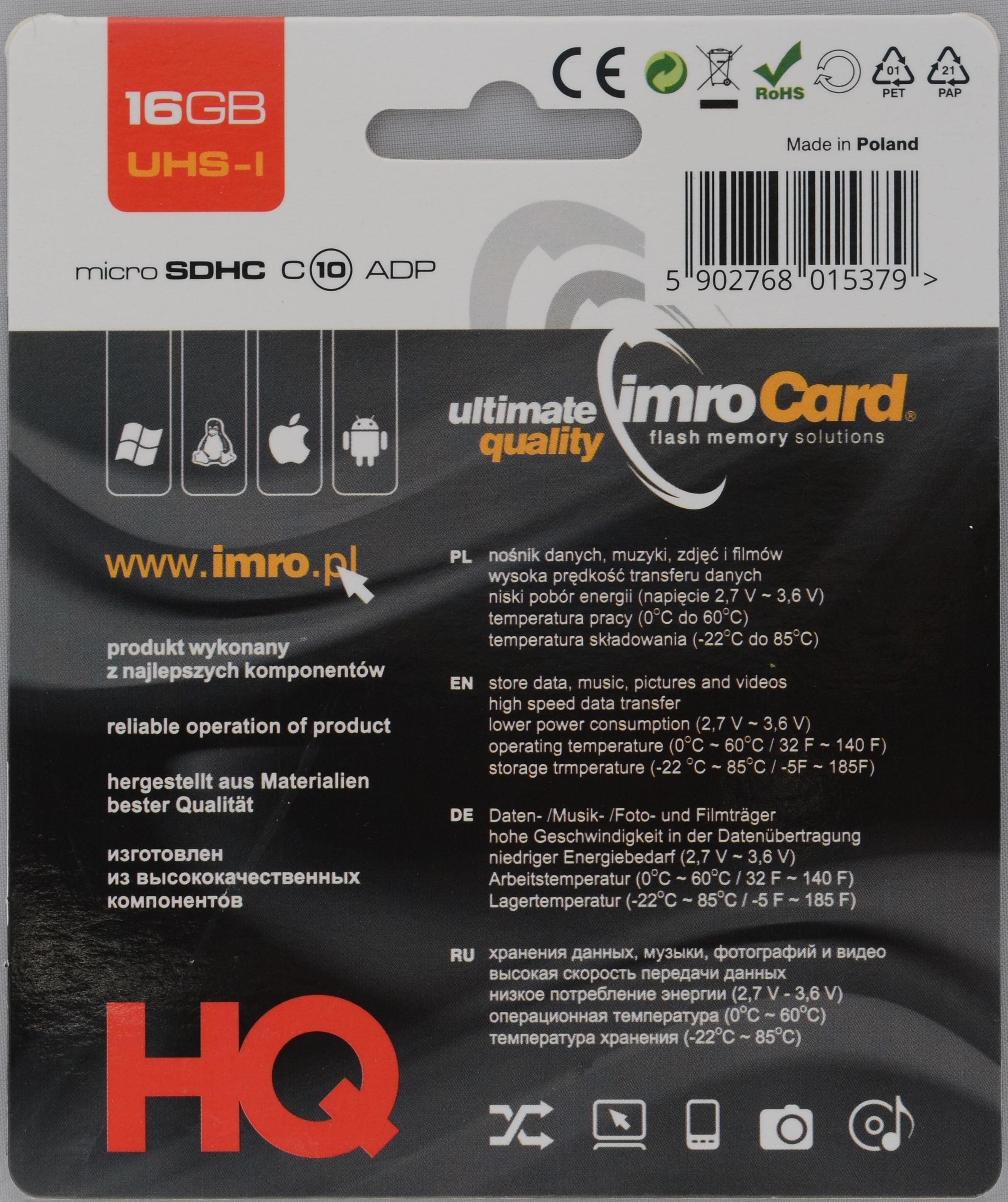 IMRO 10/16G UHS-I ADP memory card 16 GB MicroSDHC Class 10 atmiņas karte