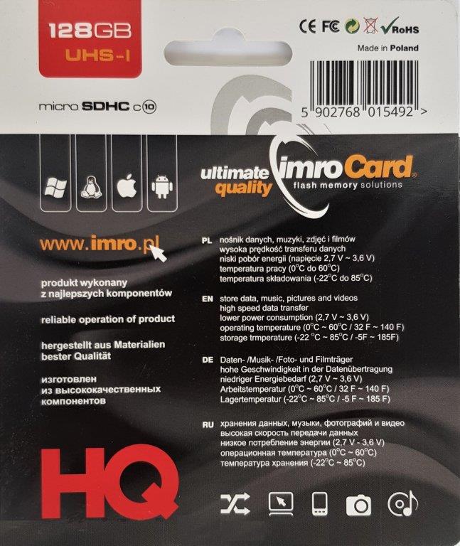 IMRO 10/128G UHS-I ADP (128GB; Class U1; + adapter) atmiņas karte