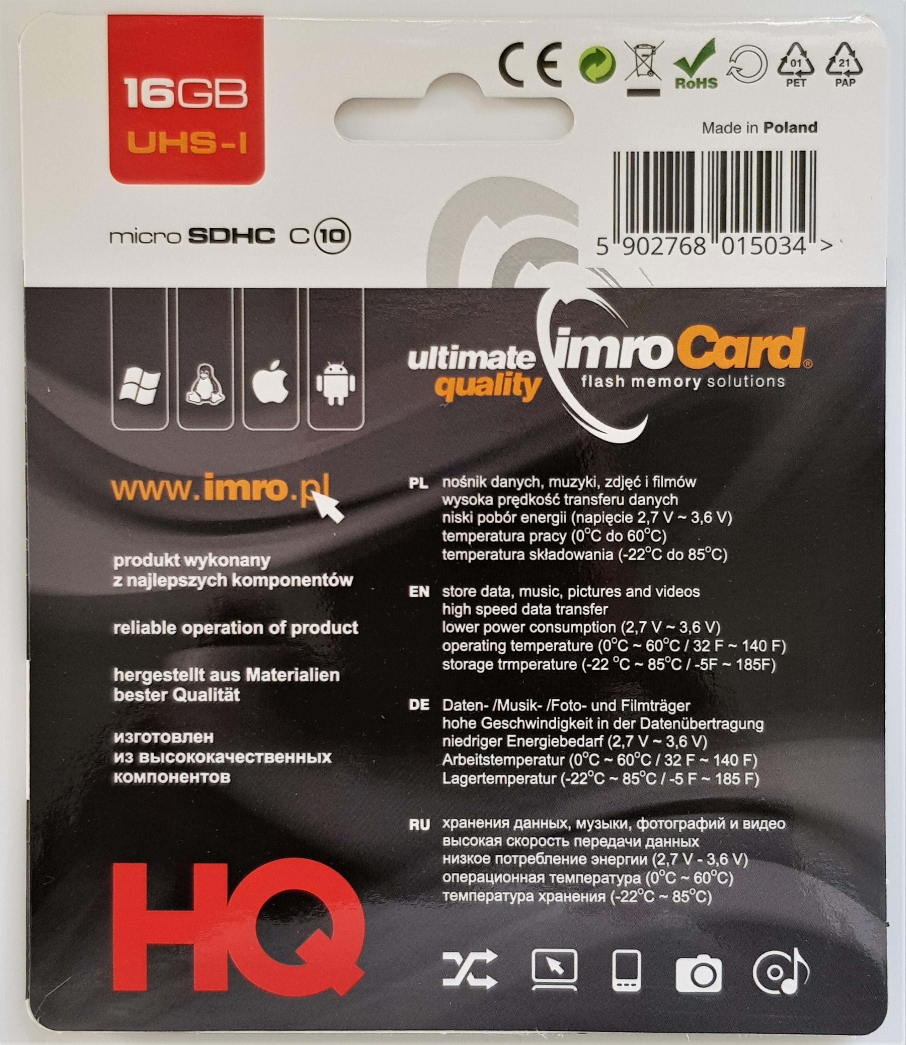 IMRO 10/16G UHS-I memory card 16 GB MicroSDHC Class 10 atmiņas karte