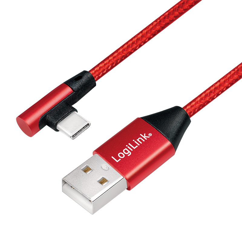 LOGILINK - USB 2.0 Cable USB-A male to USB-C (90 angled) male, red, 1m USB kabelis