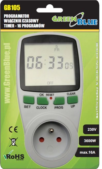 GreenBlue Timer - digital timer 16 programs German plug max 240 programs (GB105) kabelis, vads