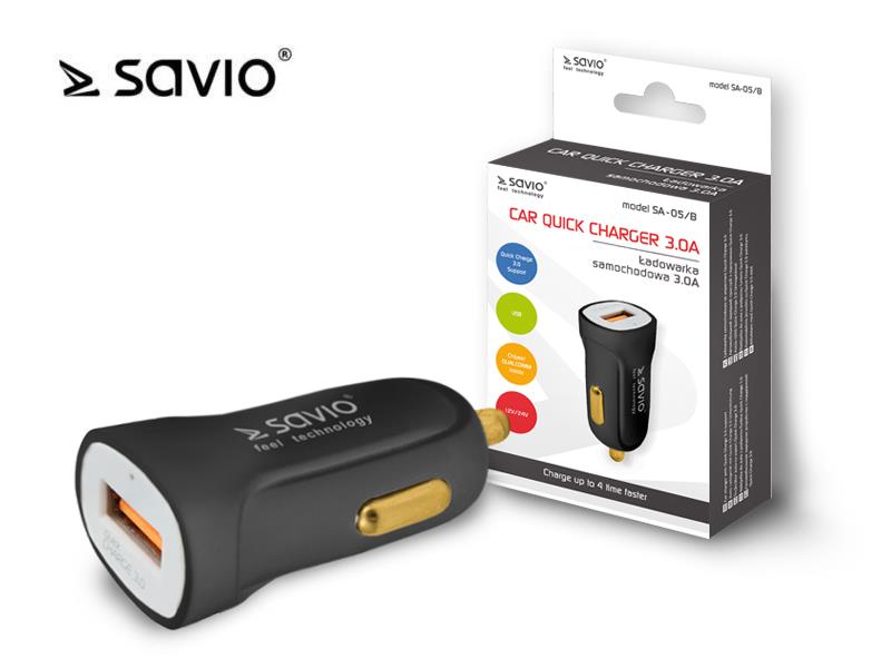 Charger car for smartphone SAVIO Quick Charge 3.0 SA-05/B (3000 mA; USB) aksesuārs mobilajiem telefoniem