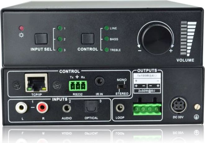 VivoLink PA250 Audio amplifier 2x50W (Class-D) 3 line inputs with kabelis, vads