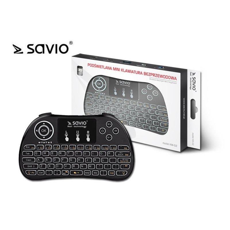 Savio KW-02 Bezvadu Kompakta Klaviatūra PC / PS4 / XBOX / Smart TV / Android + TouchPad Melna (Ar Apgaismojumu) klaviatūra