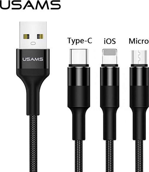 Braided cable 3w1 U5 1,5 m black lightning/microUSB/USB-C US-SJ219 Planšetes aksesuāri