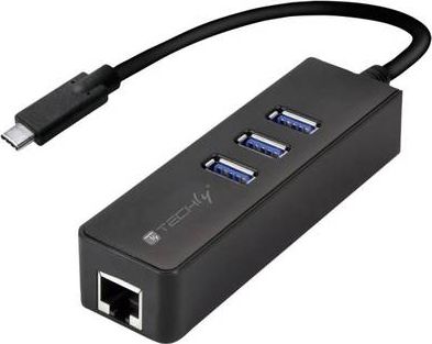 Techly USB-C Adapter a. Gigabit Ethernet m. 3Port USB3.0,sw USB centrmezgli