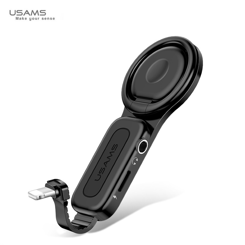 Usams US-SJ275 AU06 Lightning uz 3.5mm Audio + Lightning uzlādes ligzda Adapteris un Gredzena Pirksta Turētājs Melns