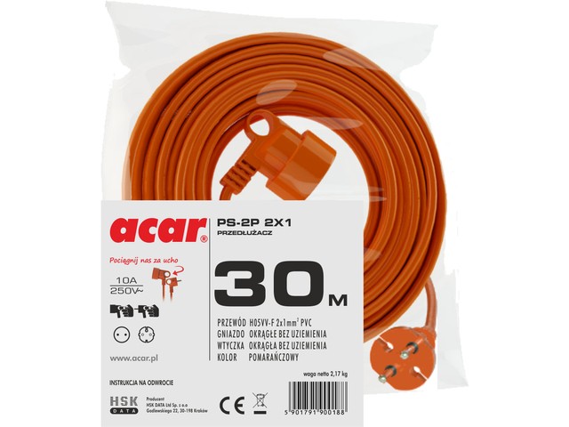 Extension cord PS-2P 2x1 30m without safety contact orange H05VVVDE elektrības pagarinātājs