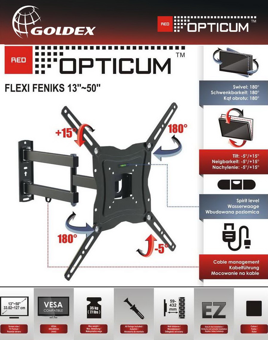 Opticum TV stiprinājums pie sienas 13-50collas, līdz 35kg, melns Flexi Maxx TV stiprinājums