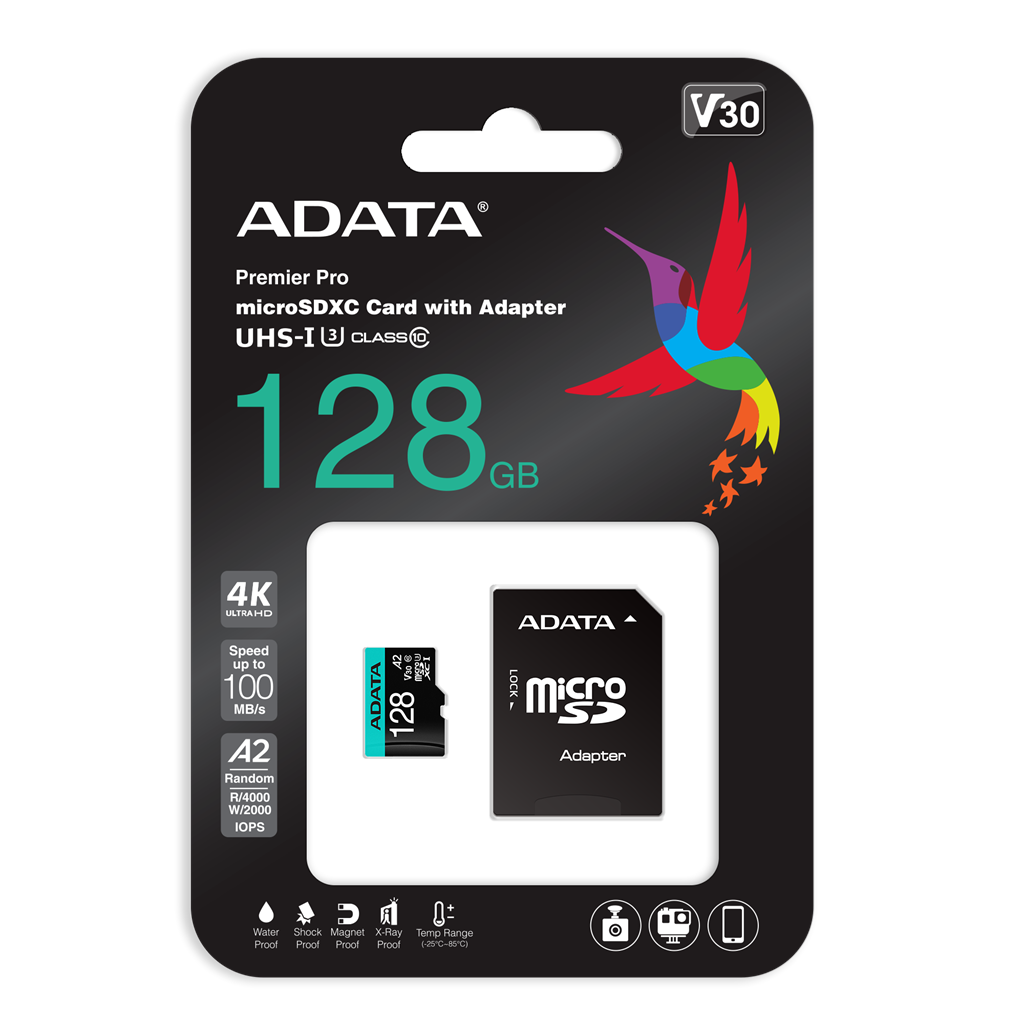 ADATA 128GB Premier Pro MICROSDXC, R/W up to 100/80 MB/s, with Adapter atmiņas karte