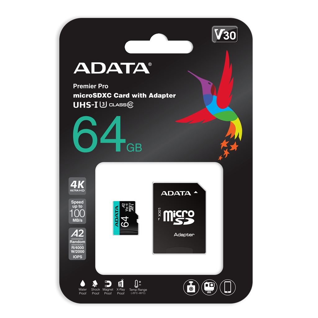 ADATA 64GB Premier Pro MICROSDXC, R/W up to 100/80 MB/s, with Adapter atmiņas karte