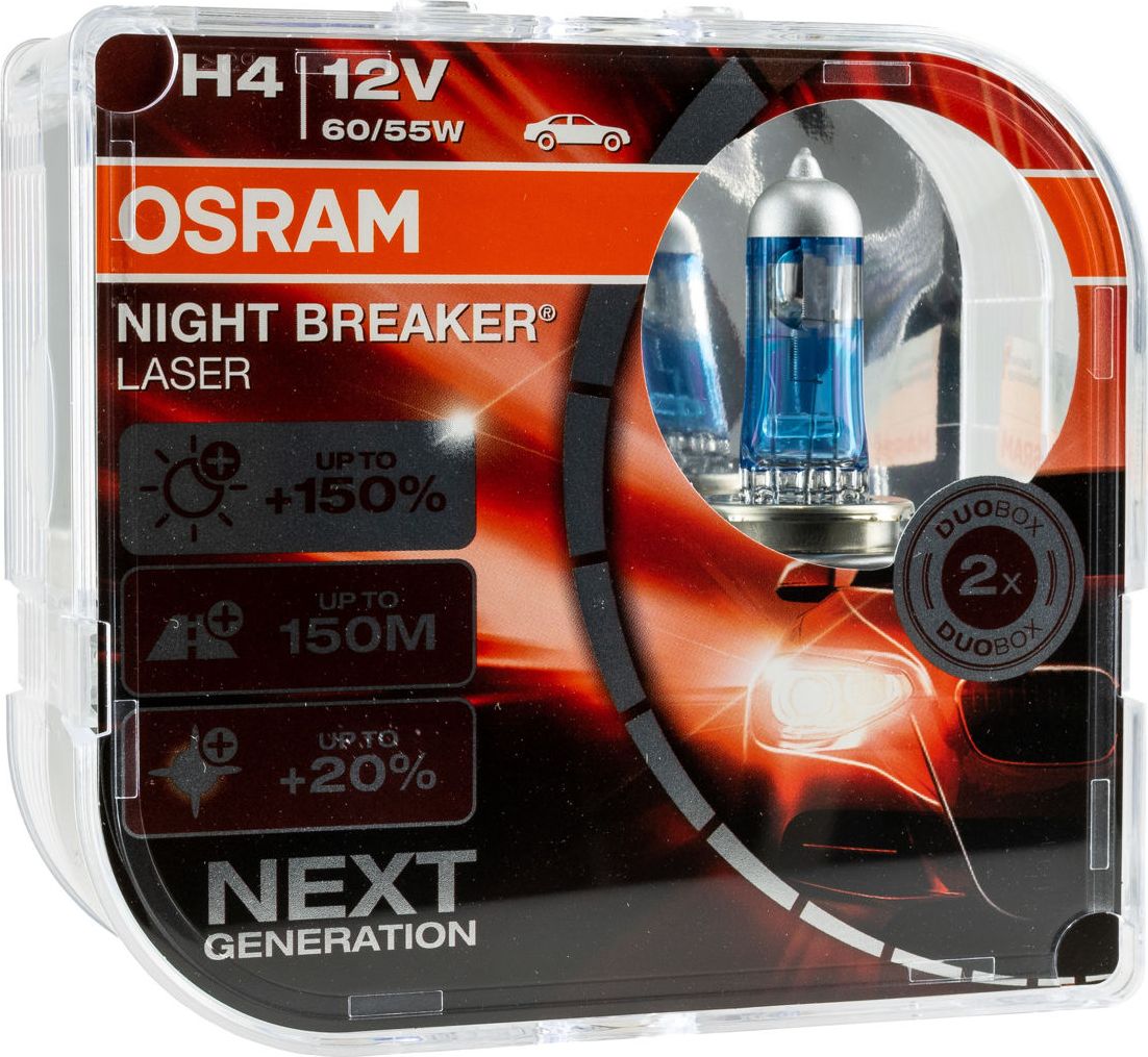 Osram H4 NIGHT BREAKER® LASER 12V 60/55W P43t (Duo-Box) auto spuldze