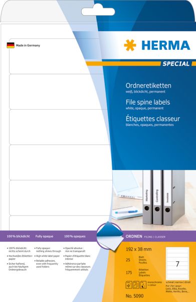 Herma Etykiety Special na segregatory, A4, biale, papier matowy nieprzejrzysty, 175 szt., zaokraglone narozniki. (5090) 5090 (4008705050906) uzlīmju printeris