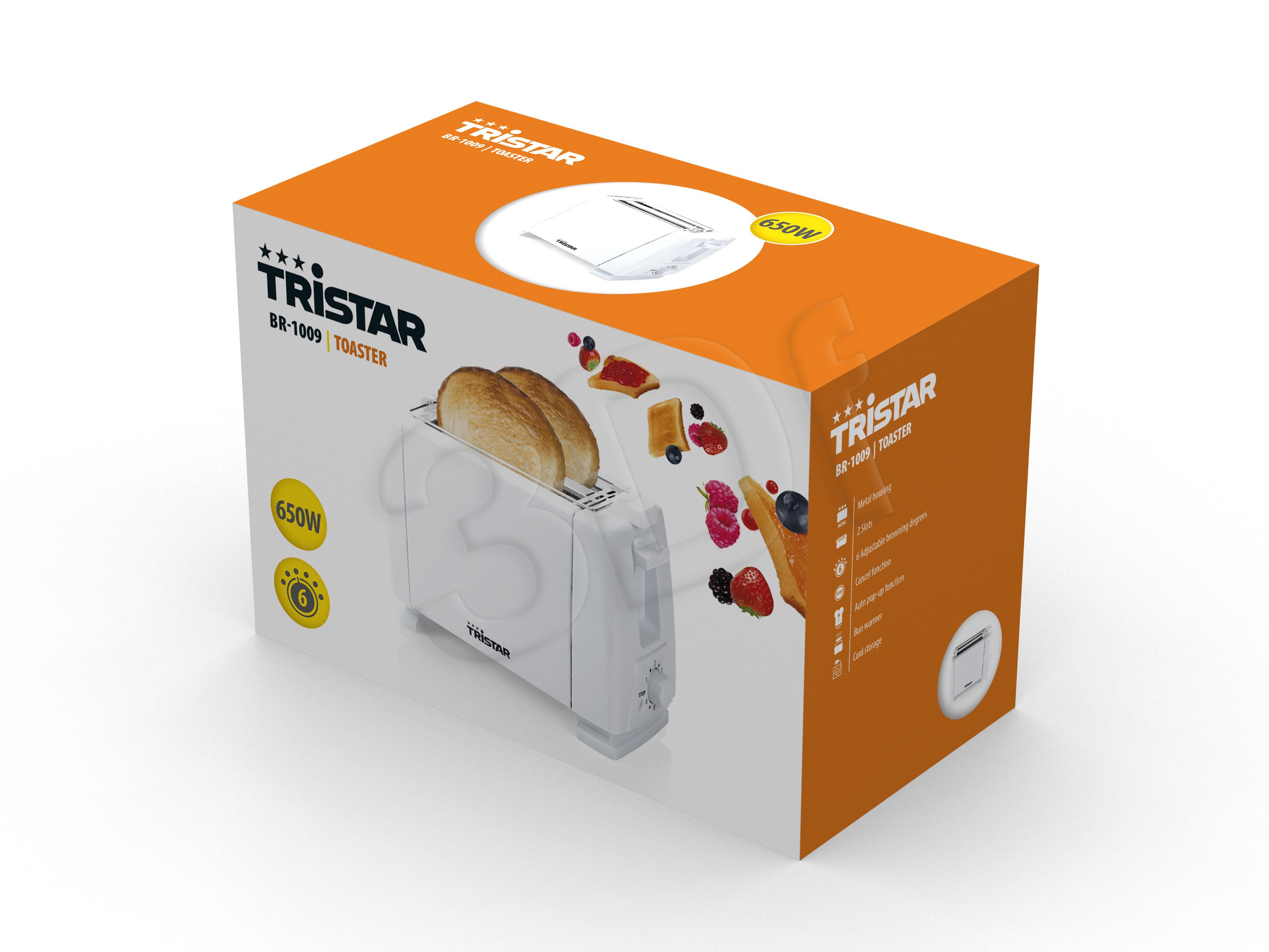 Toaster Tristar BR-1009 White, Metal, 750 W, Number of slots 2, Number of power levels 6, Bun warmer included aksesuāri Mazās sadzīves tehnikas