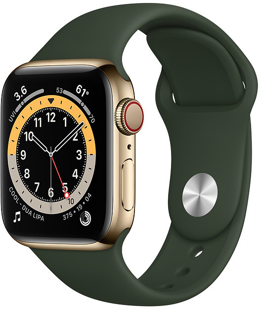 Apple Watch Series 6 GPS + Cell 40mm Gold Steel Green Sport Band Viedais pulkstenis, smartwatch