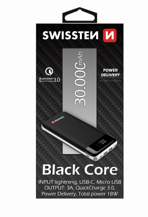 Swissten Black Core Premium Recovery Power Banka Uzlādes batereja 2.1A / USB / USB-C / 30000 mAh Melna Powerbank, mobilā uzlādes iekārta