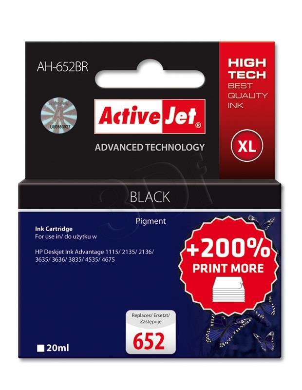 Activejet AH-652BR ink (replacement for HP 652 F6V25AE; Premium; 20 ml; black) kārtridžs