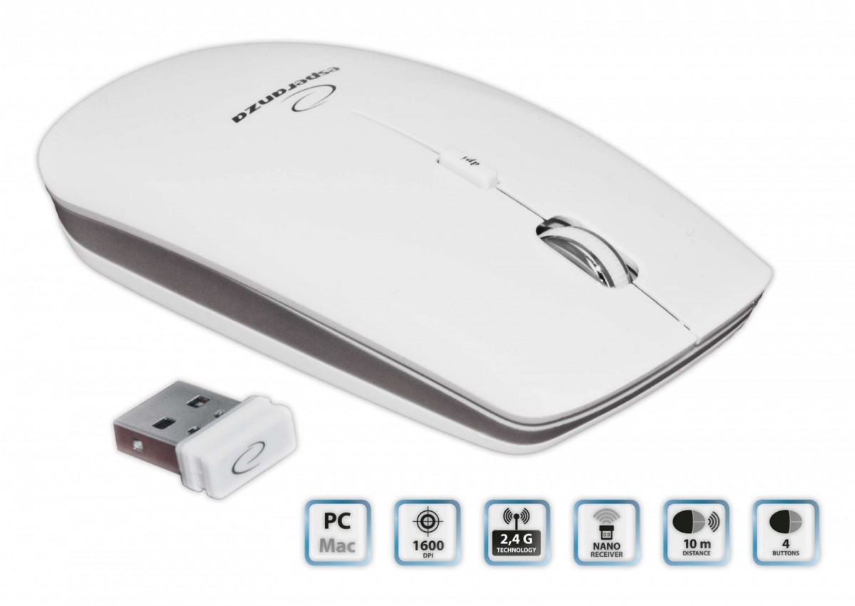 ESPERANZA Wireless Mouse Optical EM120W PC/MAC| 2,4 GHz | 1600 DPI | White Datora pele