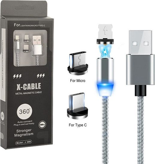 Vega Magnetic Cable 3in1 micro usb / type-c / iphone ( lightning) Silver USB kabelis