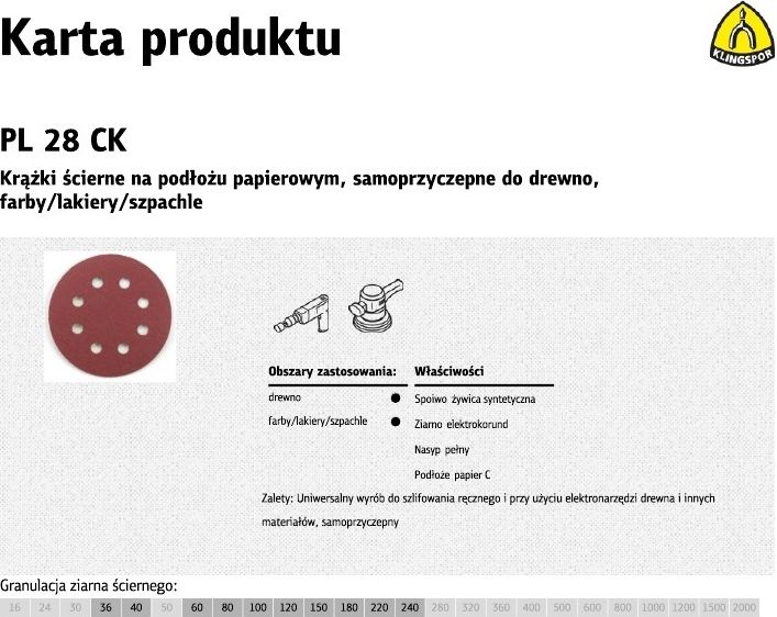 Klingspor krazek scierny samoprzyczepny 125mm PL28CK gr. 40 GLS5, 8 otworow, 50 sztuk (270664) 270664 (5907560040079)