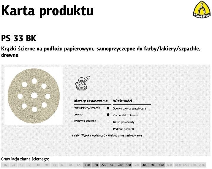 Klingspor Krazek przyczepny 225MM PS33CK GLS38 Granulacja 60 (S833CK60) P8 S833CK60 (5907560174897)