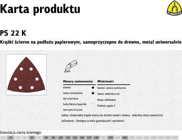 Klingspor krazek scierny samoprzyczepny trojkatny 96mm PS22K gr.120 GLS15, 50 sztuk (142137) 142137 (4014855046294)