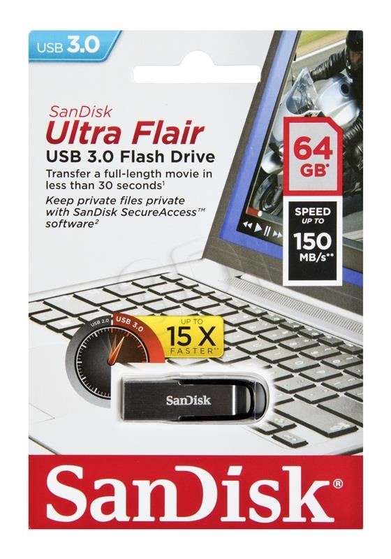 SanDisk ULTRA FLAIR USB 3.0 64GB (up to 150MB/s) USB Flash atmiņa