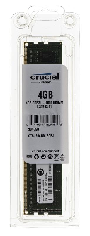 Crucial 4GB, 240-pin DIMM, DDR3 1600MHz, CL11, Unbuffered, non ECC, PC3-12800, 1.35V operatīvā atmiņa