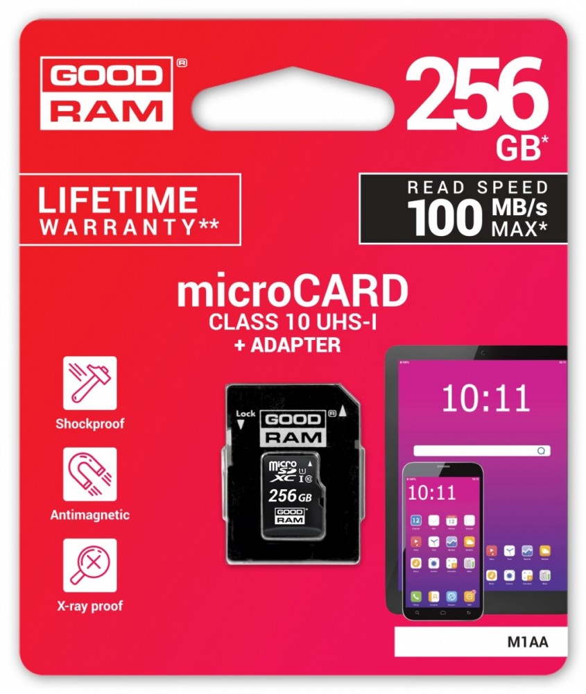 GOODRAM microSD card 256GB CL10 UHS I + adapter atmiņas karte