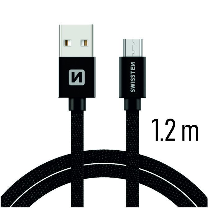Swissten Textile Quick Charge Universāls Micro USB Datu un Uzlādes Kabelis 1.2m Melns USB kabelis