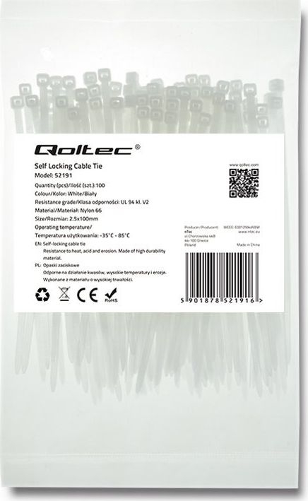 QOLTEC Self-locking Cable Tie 2.5x100mm, nylon UV, white