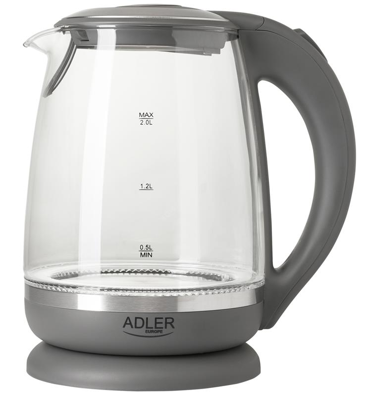 Adler Kettle AD 1286 Standard, 2200 W, 2 L, Plastic/ glass, Grey/ transparent, 360° rotational base 5902934834230 Elektriskā Tējkanna