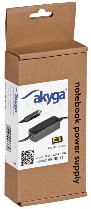 Akyga Car notebook power supply AK-ND-41 20V/3.25A 65W Square yellow Lenovo portatīvo datoru lādētājs