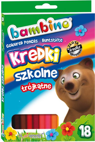 MAJEWSKI Kredki szkolne trojkatne, 18 kolorow, licencja BAMBINO