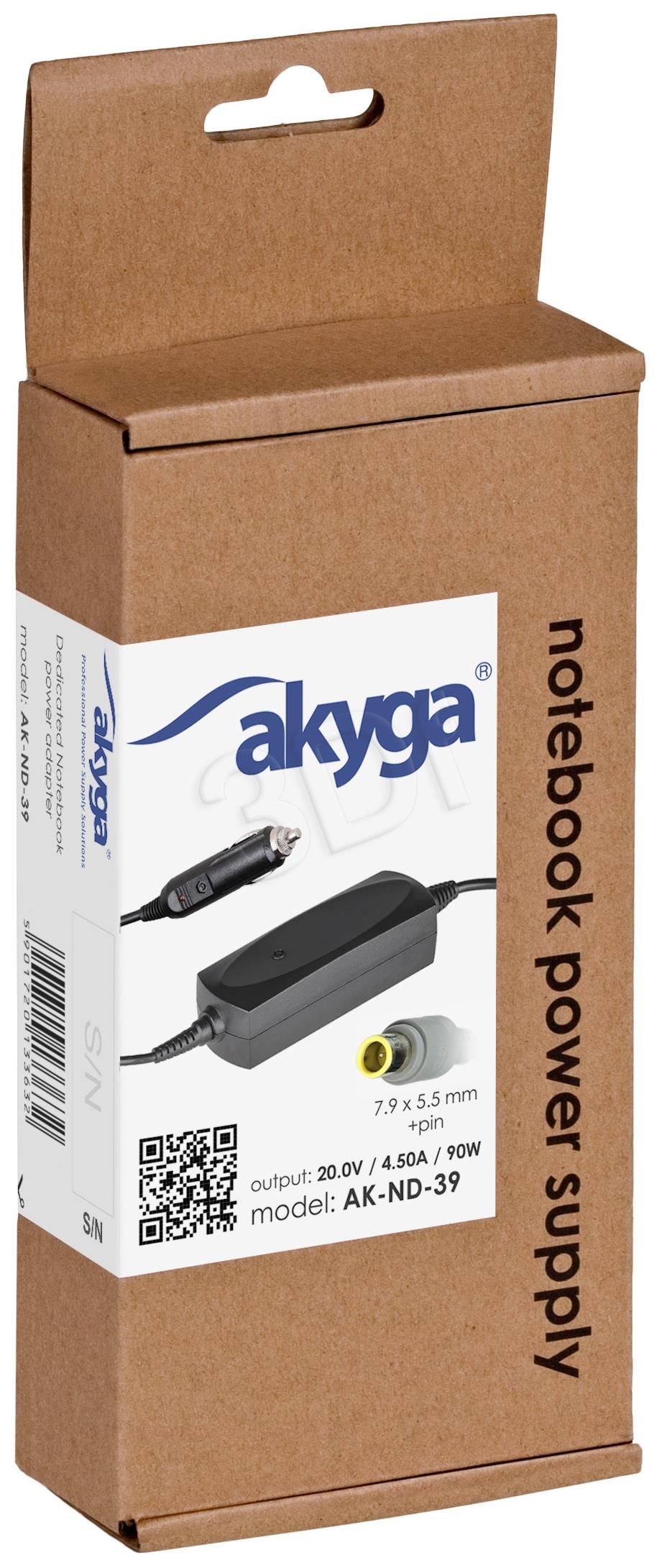 Akyga Car notebook power supply AK-ND-39 20V/4.5A 90W 7.9x5.5 mm + pin Lenovo portatīvo datoru lādētājs