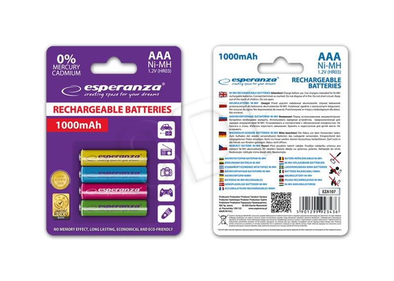 Esperanza EZA107 RECHARGEABLE BATTERIES Ni-MH AAA 1000MAH 4PCS. - MIX COLOURS Baterija