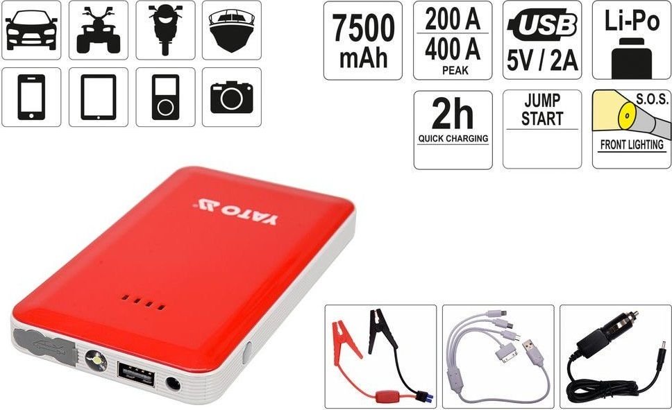 Yato Starter device with Powerbank function Li-Po 7500 mAh (YT-83080) Mobilo telefonu turētāji