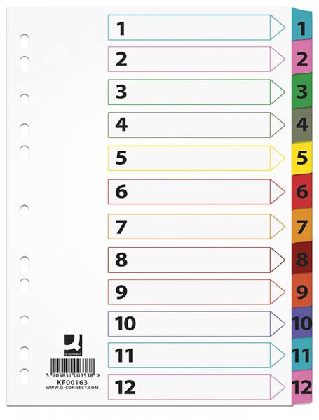 Q-Connect Przekladki Q-CONNECT Mylar, karton, A4, 225x297mm, 1-12, 12 kart, lam. indeks, mix kolorow KF00163 (5705831001633) biroja tehnikas aksesuāri