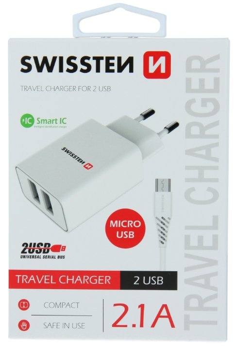 Swissten Smart IC Tīkla Lādētājs 2x USB 2.1A ar Micro USB vadu 1.20 m Balts iekārtas lādētājs