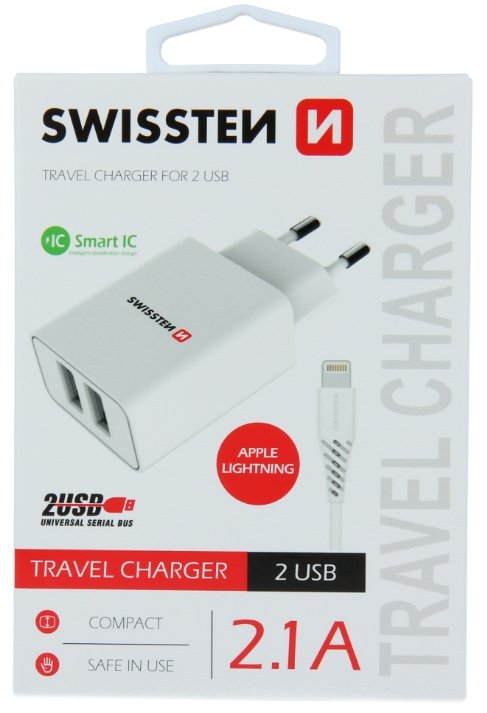 Swissten Smart IC Tīkla Lādētājs 2x USB 2.1A Ar Lightning (MD818) vadu 1.2 m Balts iekārtas lādētājs