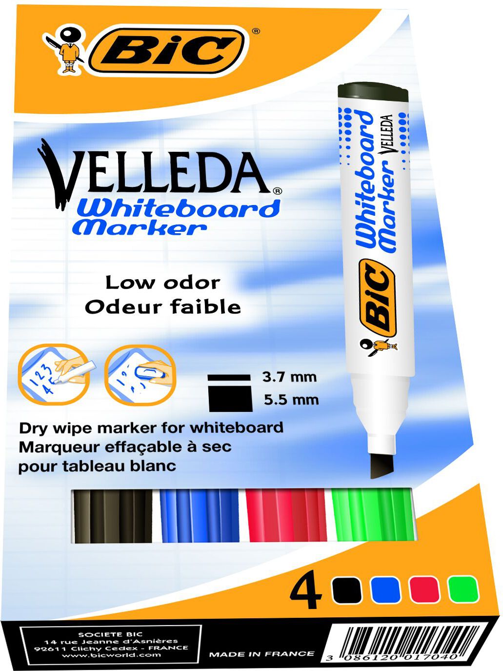 Bic markery suchoscieralne Velleda, scieta koncowka, 4 kolory 904950 (3086120017545)